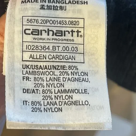 Carhartt WIP Allen Gray Cardigan, Lamb’s Wool Blend, Casual, Preppy, Academic S